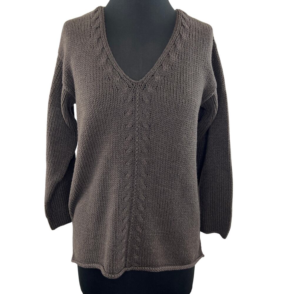 Margaret O'Leary Handknit Brown Cotton V-Neck Pullover Rolled Edge Sweater 1 S